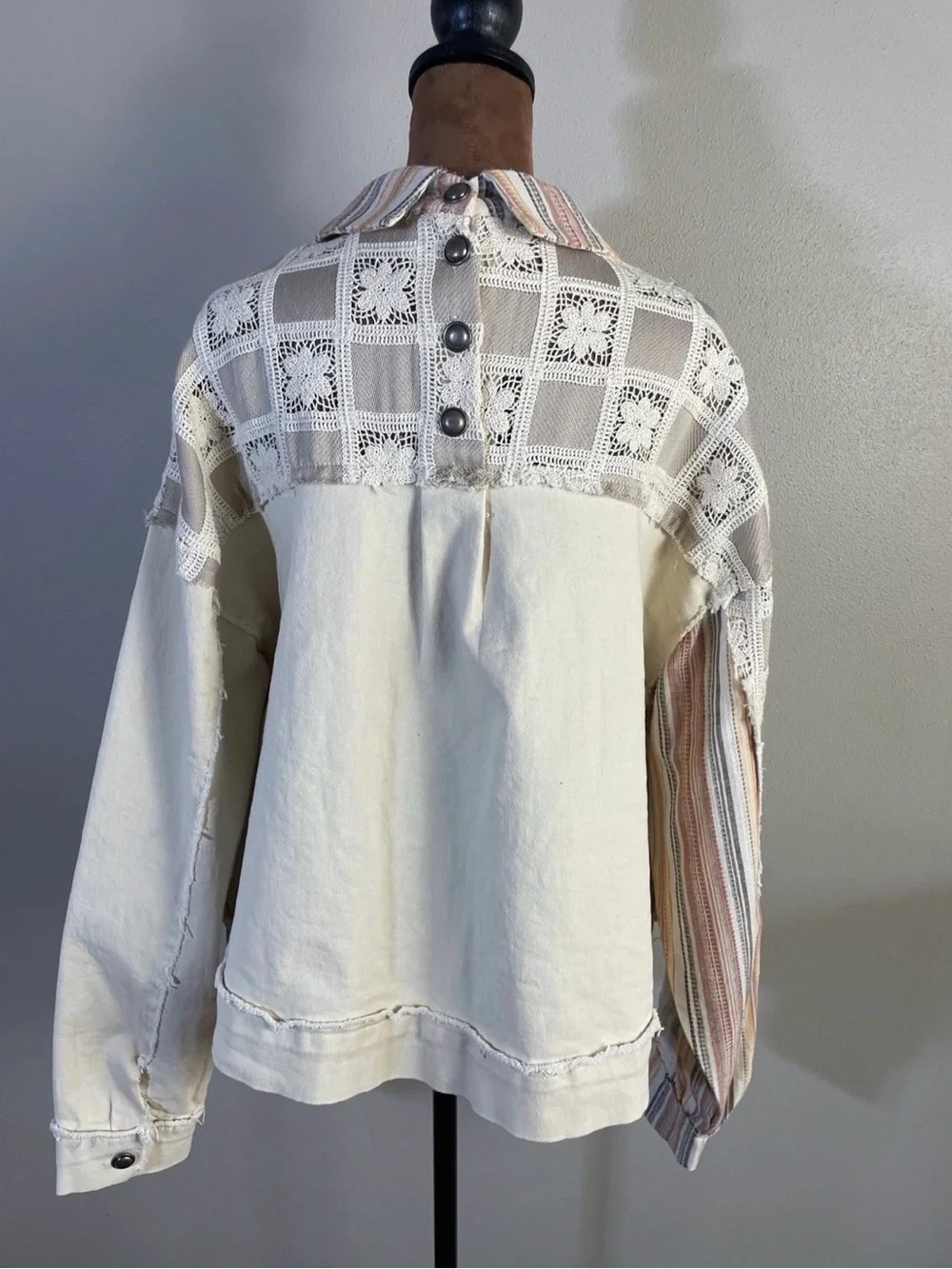 POL Patchwork Lace Trucker Jacket in Beige with Pastel Stripes